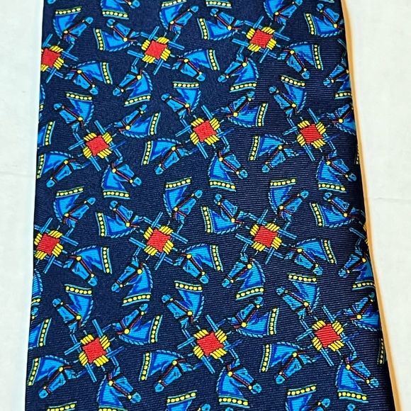 Longchamp Vintage Italian Silk Horse Head Tie in Blue Design - Picture 3 of 7